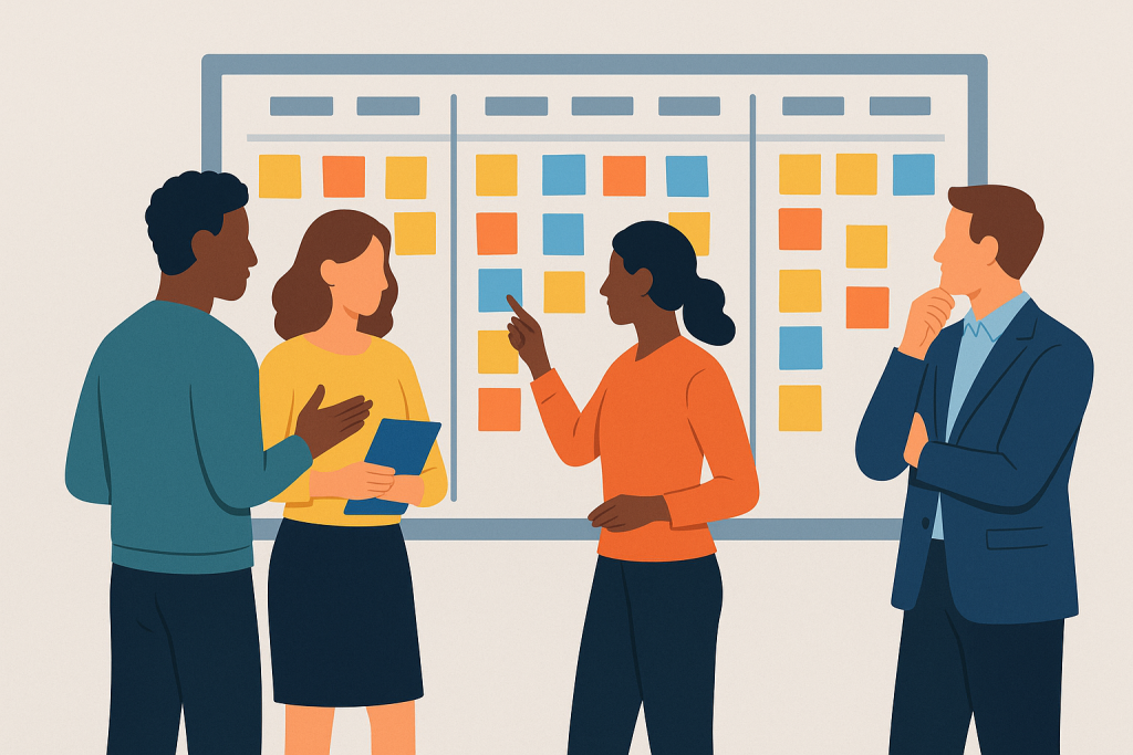 Ilustração de uma equipe de profissionais colaborando diante de um quadro Kanban
