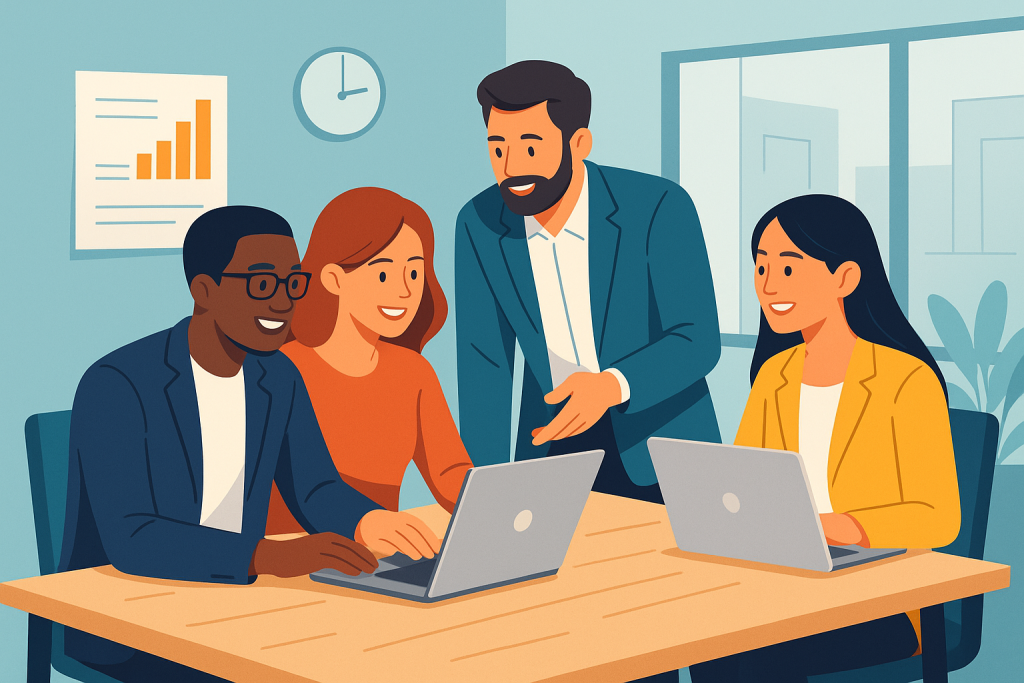 Ilustção de uma equipe colaborando com laptops